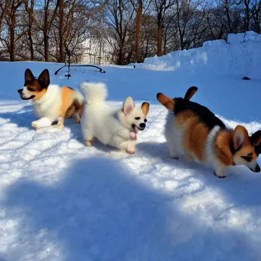 Prompt: 8k highly detailed photograph of the five most adorable Corgi Puppies playing in snow in my backyard, natural lighting,