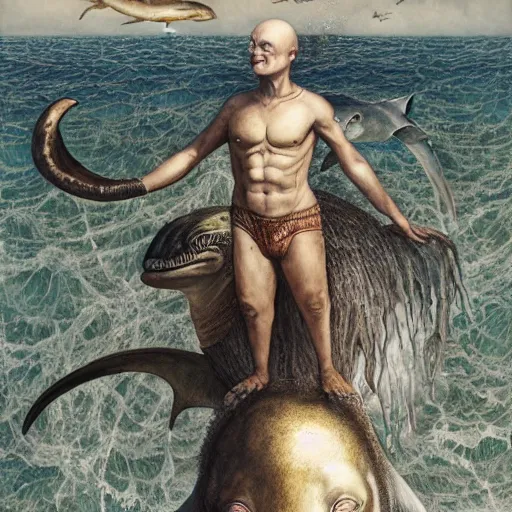 Prompt: a hyper realistic painting of death standing on the back of a dolphin that is jumping over a rainbow, by james c christensen and santiago caruso,