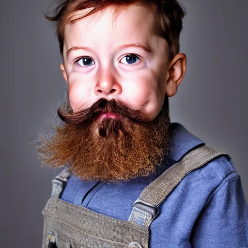 Image similar to toddler elon musk with long mustache and epic beard, 5 0 mm, studio lighting