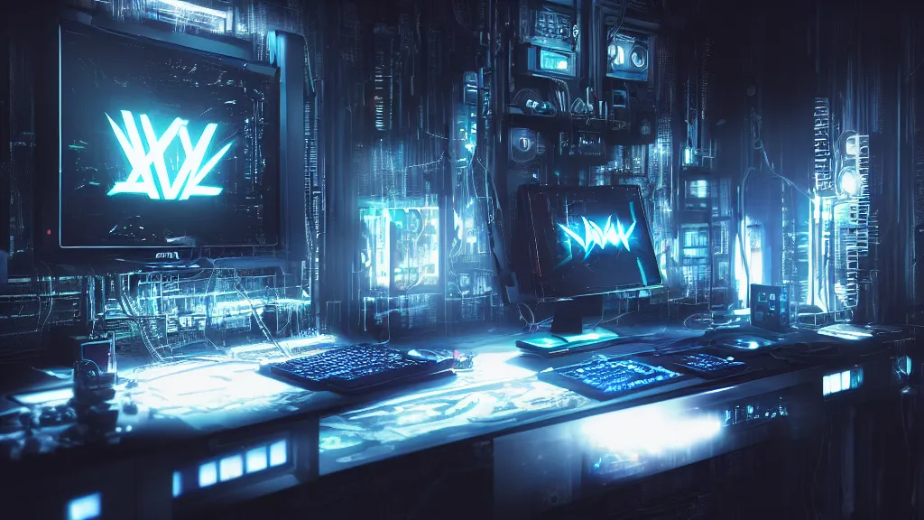Image similar to a cyberpunk overpowered computer. Overclocking, watercooling, custom computer, cyber, mat black metal, alienware, futuristic design, Beautiful dramatic dark moody tones and lighting, Ultra realistic details, cinematic atmosphere, studio lighting, shadows, dark background, dimmed lights, industrial architecture, Octane render, realistic 3D, photorealistic rendering, 8K, 4K, computer setup, highly detailed, desktop computer, desk, home office, whole room