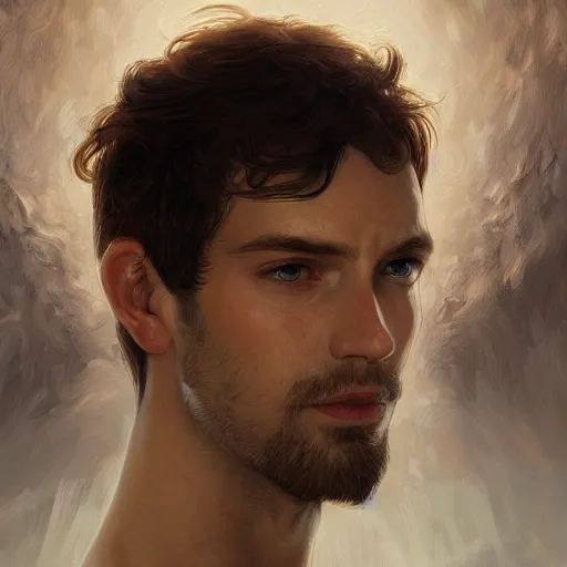 Image similar to up close portrait of a male angel, d & d, face, fantasy, intricate, elegant, highly detailed, digital painting, artstation, concept art, smooth, sharp focus, illustration, art by artgerm and greg rutkowski and alphonse mucha