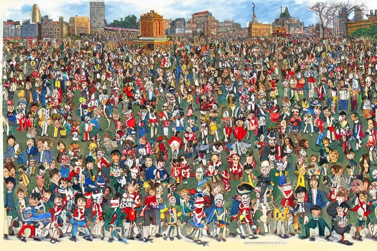 Image similar to an elaborate penned child illustration of a convention of waldo's in new york city and central park, where's wally, where's waldo, by martin hand ford and by jan van haasteren