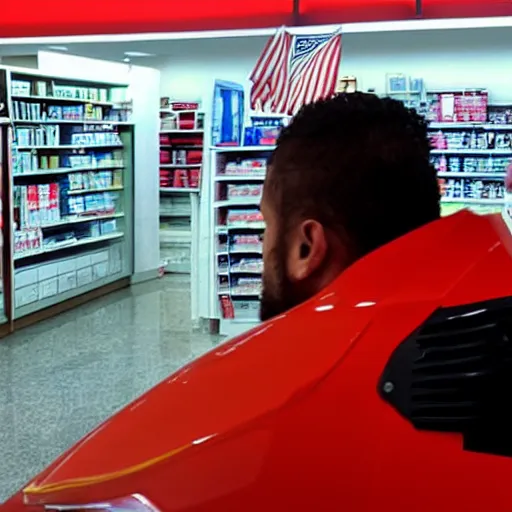 Prompt: a man driving a jetski through a cvs pharmacy, atmospheric haze