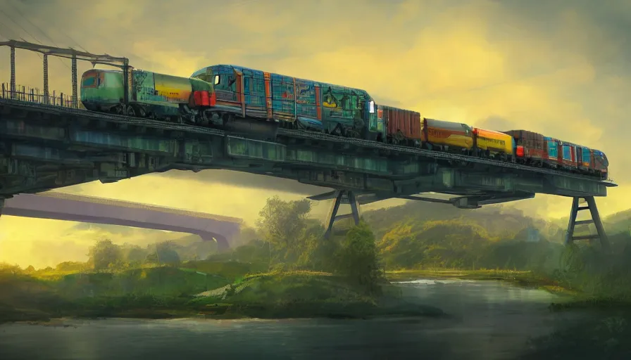 Prompt: futuristic cargo train driving over train bridge, green hills, matte painting, artstation, sunrise, blue sky, solarpunk