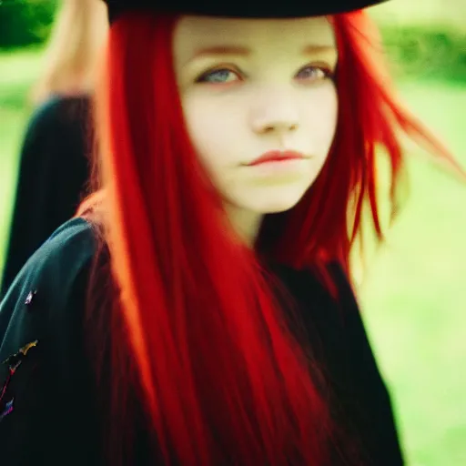 Prompt: portrait of a beautiful young witch. she has red hair. she looks sinister. symetric face. shallow focus. 5 0 mm lense. shot on film.