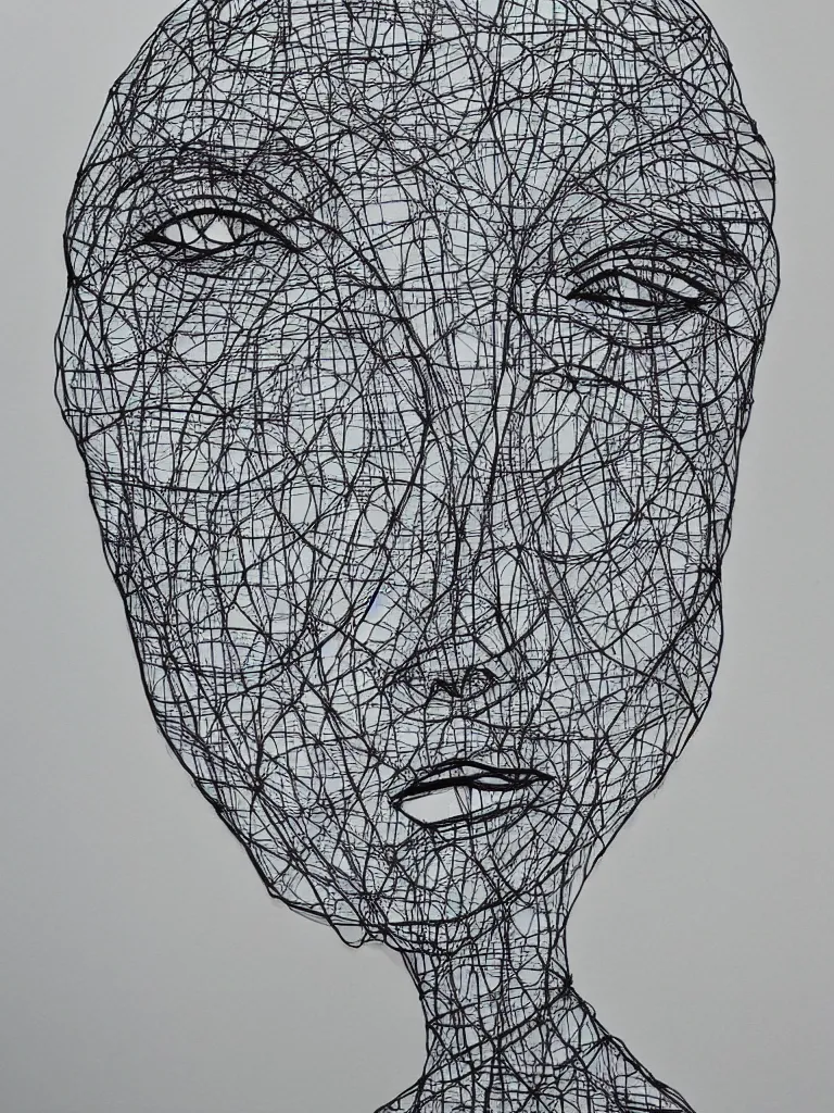 Prompt: elegant minimal thick metal wire art of a symmetrical and expressive female human facial features and body, influenced by gejza schiller portraits