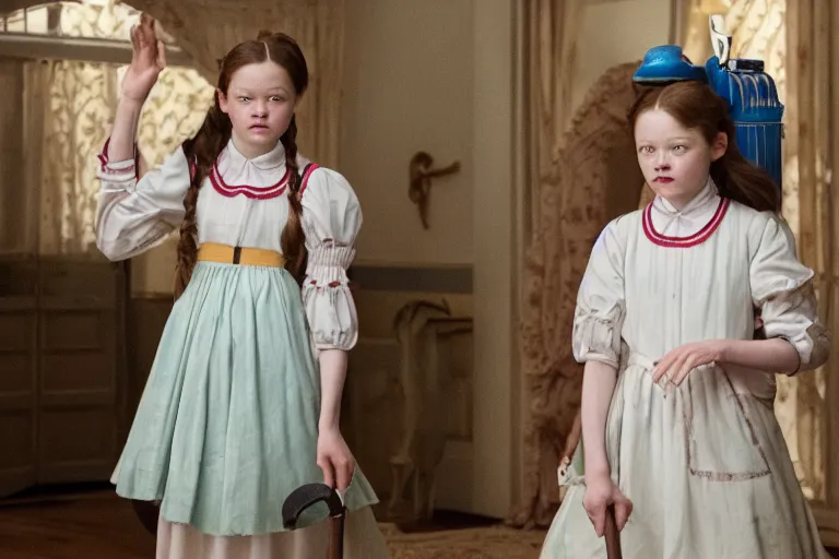 Image similar to mid-shot of Mackenzie Foy as the maid in the new movie directed by Wes Anderson, symmetrical shot, idiosyncratic, relentlessly detailed, limited colour palette, detailed face, movie still frame, promotional image, Wes Anderson, imax 70 mm footage