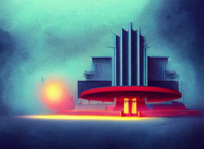 Prompt: exterior portrait of a space station, colorful, modern art deco, mads berg, karolis strautniekas, christopher balaskas, stippled light, fog, moody, fine texture, editorial illustration, dramatic lighting, dynamic composition, detailed, matte print, dynamic perspective, muted color, sacred geometry