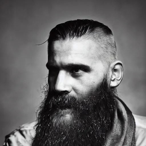 Image similar to bust portrait of handsome proud man with short black hair with a touch of grey hair, viking very short full beard warrior, cyberpunk, fashion editorial photography, waist up, low angle