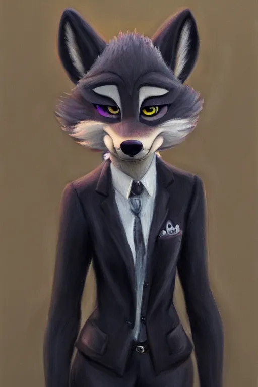 Image similar to oil painting of anthromorphic female wolf, in style of zootopia, female fursona, furry, furaffinity, 4 k, deviantart, furry art, fursona art, wearing black business suit, business suit, wolf fursona, female, smug expression,