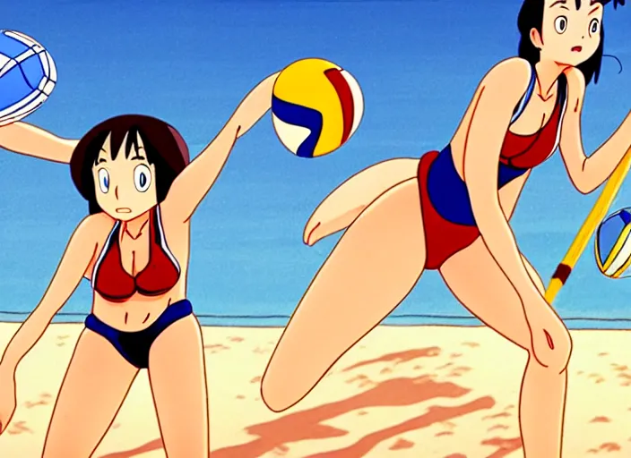 Prompt: an animation still of beautiful bikini volleyball player, in the style of studio ghibli, netflix animation, toei animation, filmation animation, traditional animation, sharp detail, animation cel