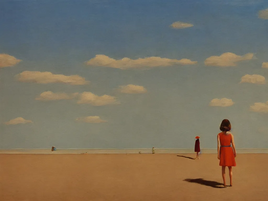 Prompt: lone girl at the beach, 7 0 s, stanley kubrick the shinning, american gothic, vibrant colors americana, cinematic, volumetric lighting, ultra wide angle view, realistic, detailed painting in the style of edward hopper and rene magritte