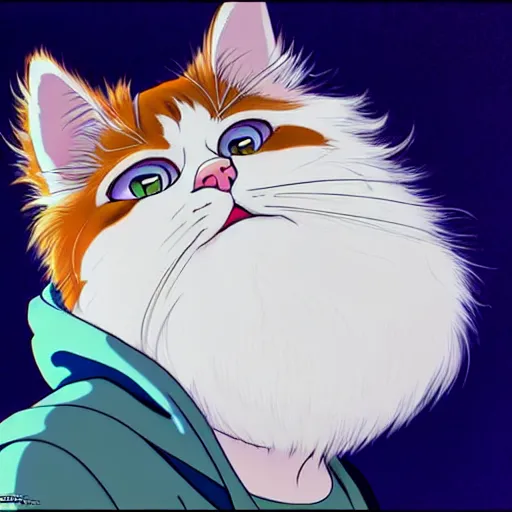 Image similar to teen boy with brown hair and big blue eyes, wearing a hoodie, fluffy white persian cat, natural lighting, path traced, highly detailed, high quality, cartoon, digital painting, by don bluth and ross tran and studio ghibli and alphonse mucha