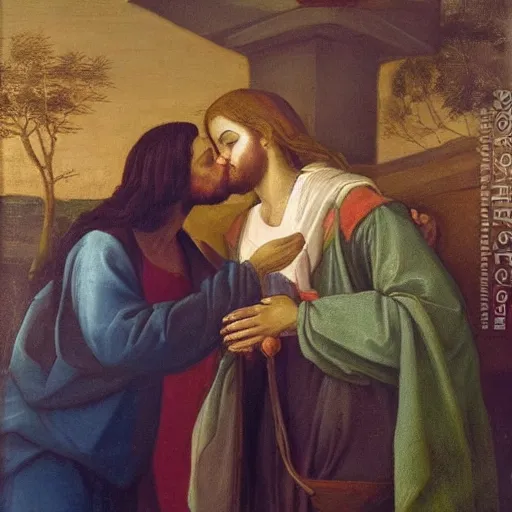 Image similar to an oil panting of a jesus kissing maria maddalena