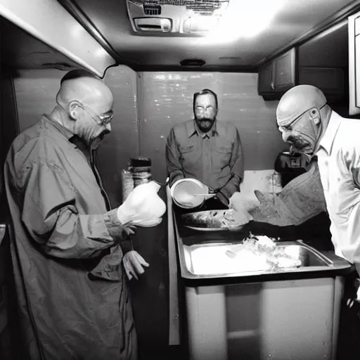 Prompt: still of walter white and stalin cooking meth, ziploc bags full of meth, interior of rv, b&w filter