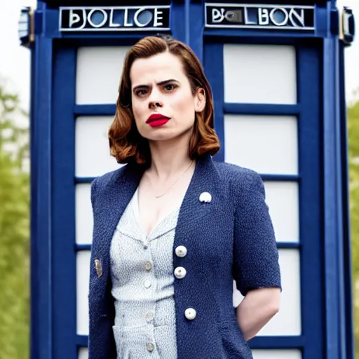 Image similar to a beautiful full body photograph of hayley atwell dressed as the doctor from doctor who standing in front of the tardis, symmetrical face, extreme realism and detail, 8 k, completely framed, direct lighting, 3 5 mm photo, photorealistic, sharp focus