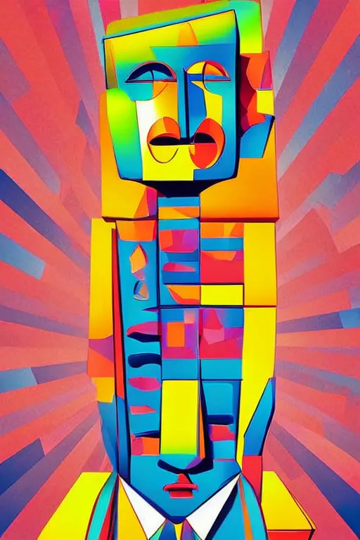 Image similar to cubist moai statue cutout digital illustration cartoon colorful beeple