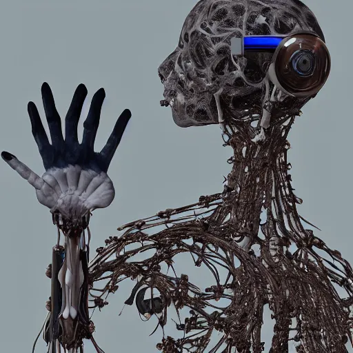 Prompt: a hyphae mechanoid biocouture time traveller shaman with bone virtual reality headset brain to brain sensing interface exoskeleton mask made of fungal mycelial feathered mats