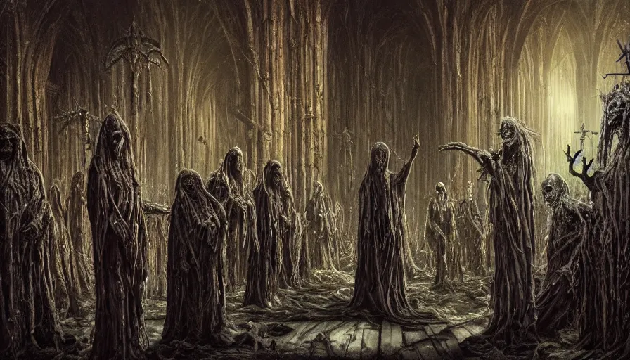 Image similar to a dark rotting alien priest conducts a ceremony, alien church, blood, crosses, religion, death, fear, horror, ultra realistic, hyperrealism, fine details, detailed and intricate environment, by barlowe, by wayne, by gigger, 4 k