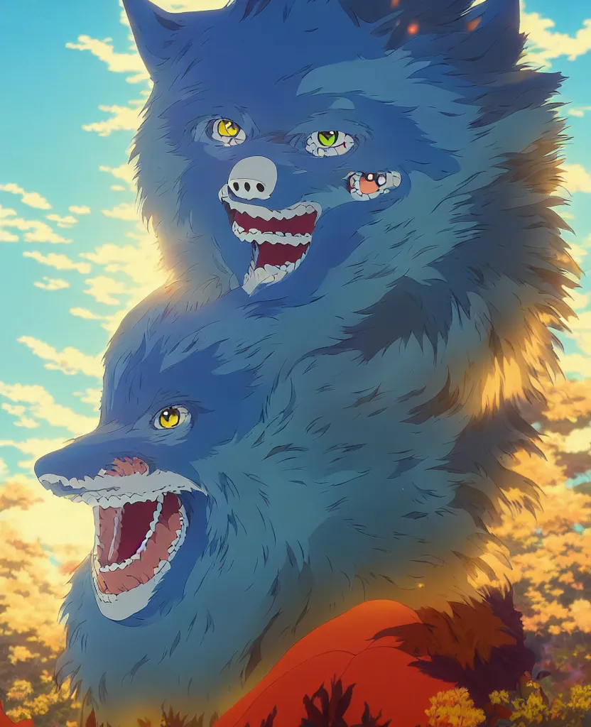 Prompt: beautiful painting from the anime film by studio ghibli, vibrant blue anthropomorphic werewolf, energy pulses, golden hour, backlit, 8k octane 3D render, CGsociety, redwood forest and mystical ocean, teeth bared, fur, japanese popsurrealism by murakami