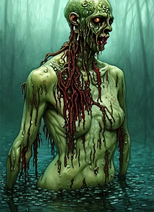 Image similar to a slimy drowned zombie man monster in shallow water, diffuse lighting, fantasy, intricate, elegant, highly detailed, lifelike, photorealistic, digital painting, artstation, illustration, concept art, smooth, sharp focus, art by john collier and albert aublet and krenz cushart and artem demura and alphonse mucha