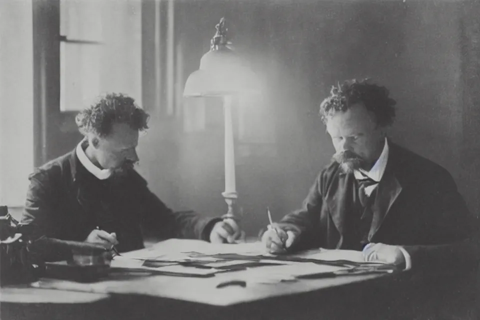 Prompt: wet plate photograph, august strindberg writing alone at a secretary desk in a small viennese apartment, night time, alone, lamplight, victorian era, depth of field, very detailed, highly accurate, intricate