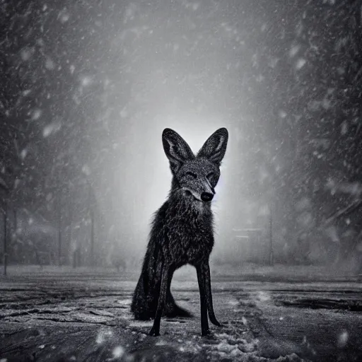 Image similar to an award winning National Geographic picture of a black Jackal wearing a denim Jacket in the snow by Lee Jeffries, 85mm ND 5, perfect lighting in a snow storm