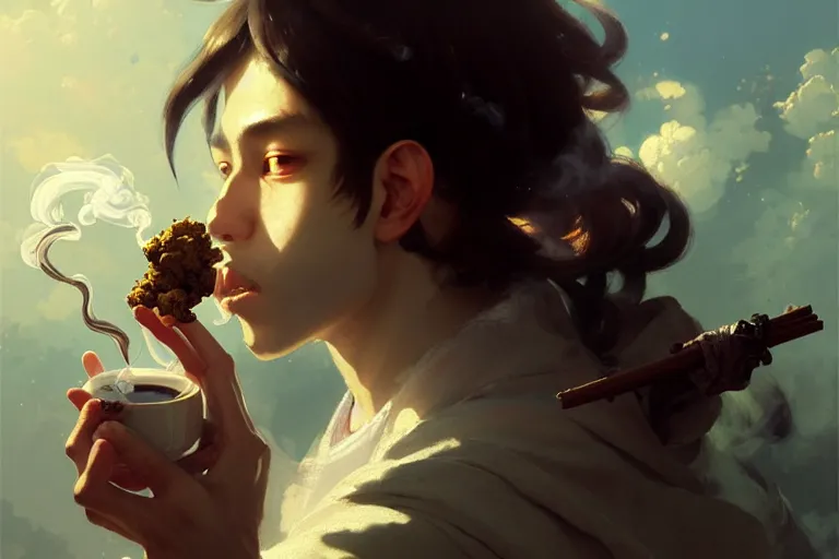 Image similar to mexican smoking weed and drinking coffee baroque oil painting finely detailed perfect face f anime shinkai takeuchi key visual of character concept art pixiv fanbox, painted by greg rutkowski