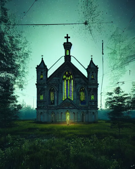 Image similar to a beautiful hyperdetailed highly detailed abandoned urbex industrial architecture building church nature architecture unfinished building city by beeple, at night otherworldly meadow, archdaily, wallpaper, highly detailed, trending on artstation.