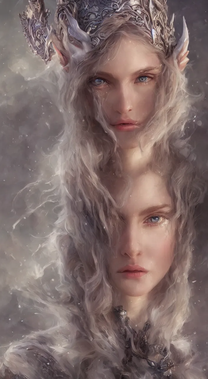 Image similar to Portrait beautiful elven witch druid lady ice blizzard frost snow, alessandra daddario, 4k oil on linen by wlop, artgerm, andrei riabovitchev, nuri iyem, james gurney, james jean, greg rutkowski, highly detailed, soft lighting 8k resolution