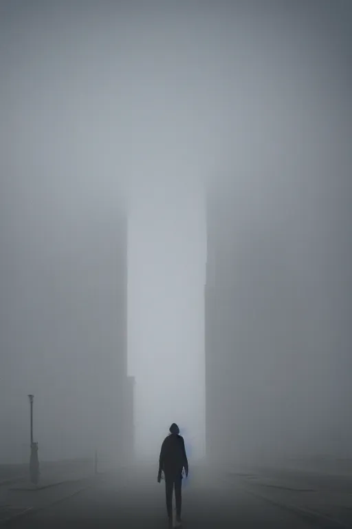 Image similar to empty urban city, foggy, silhouette in sky, floating people