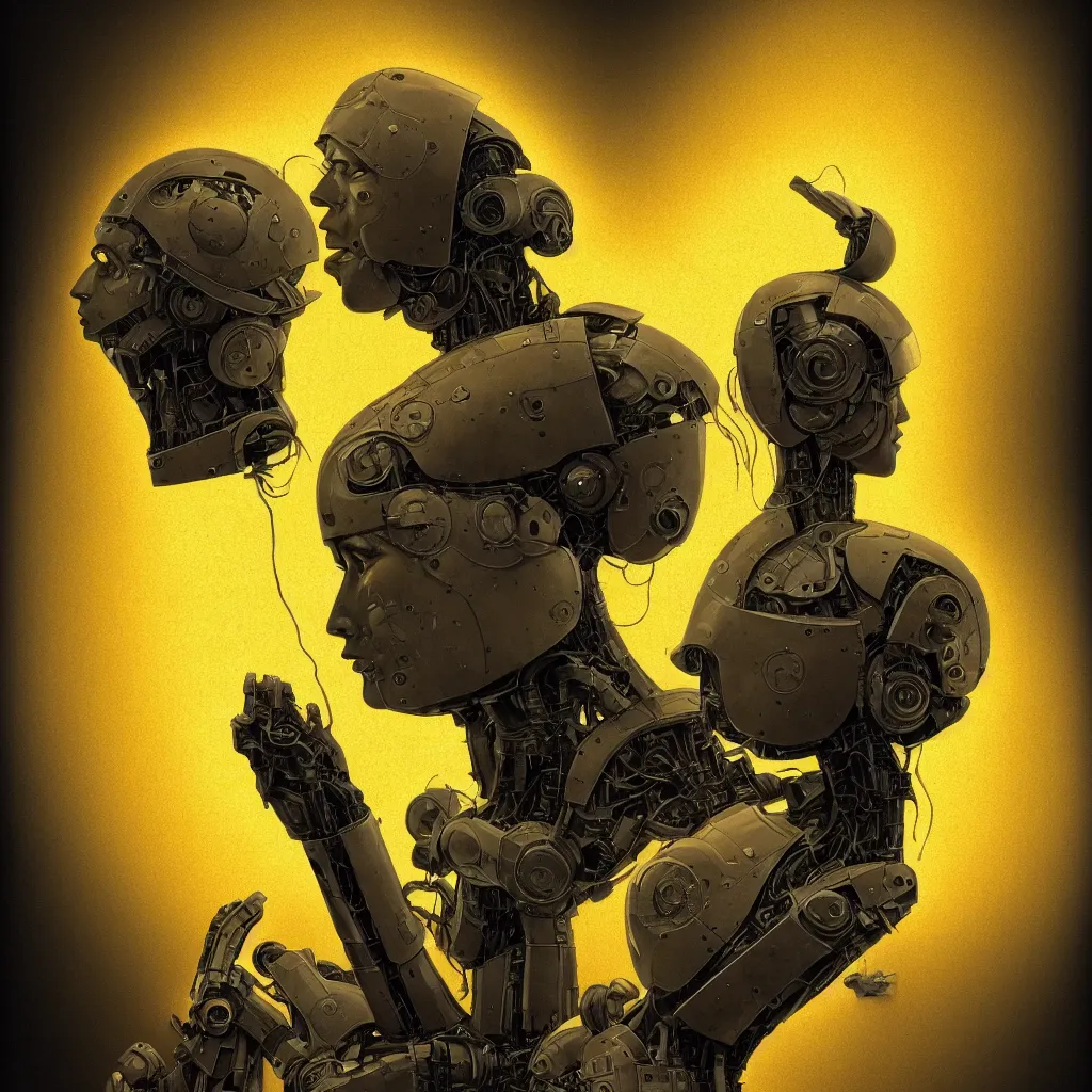 Image similar to cinematic bust portrait of futuristic god robot, part by Norman Rockwell, part by maxfield parrish, part by Mattias Adolfsson, high angle,, detailed, (((volumetric lighting))), oil on canvas, HD, HDR, 4K, 8K , nice colors
