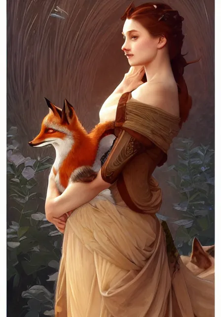 Image similar to sansa - fox furry, intricate, elegant, highly detailed, digital painting, artstation, concept art, smooth, sharp focus, illustration, art by artgerm and greg rutkowski and alphonse mucha and william - adolphe bouguereau