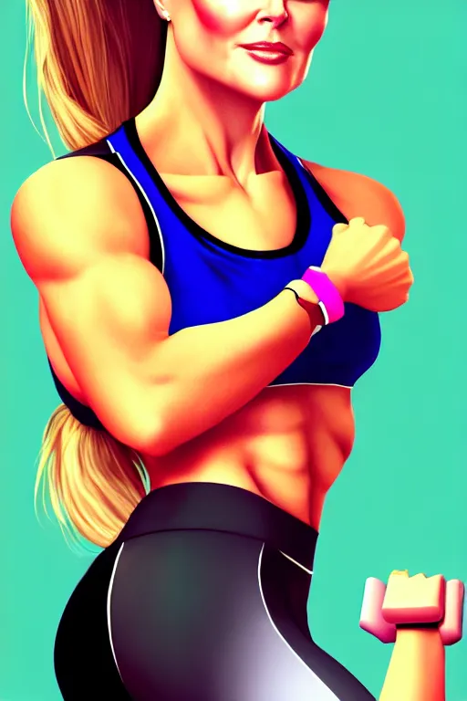 Image similar to portrait of a mix of beautiful young maria shriver, mariel hemmingway, brooke shields, nicole kidman and elle macpherson as an exercise gym girl, thin lips, hair tied up in a pony tail, colorful artstation, cgsociety