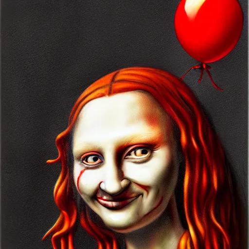 Image similar to surrealism grunge cartoon portrait sketch of a flower with a wide smile and a red balloon by - michael karcz, loony toons style, mona lisa style, horror theme, detailed, elegant, intricate