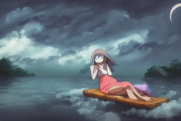 Image similar to anime woman sleeping on a raft, misty, night time, storm in distance, wide angle, by studio ghibli, yuumei, anime, hazy, foggy, ambient lighting, cottagecore,