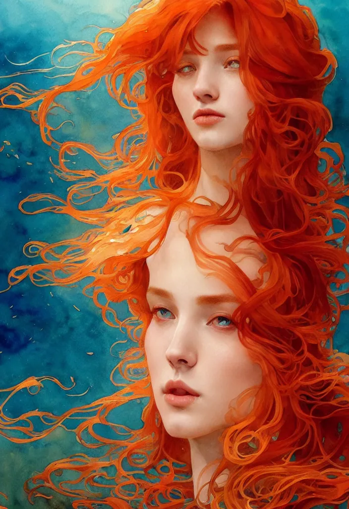 Image similar to beautiful watercolor painting of a red hair young queen under water, surrounded by long golden fish, intricate, elegant, highly detailed, digital painting, artstation, concept art, smooth, sharp focus, art by krenz cushart and artem demura and alphonse mucha, dynamic lighting, full body shot, ultrarealistic, cinematic, octane render, 8 k