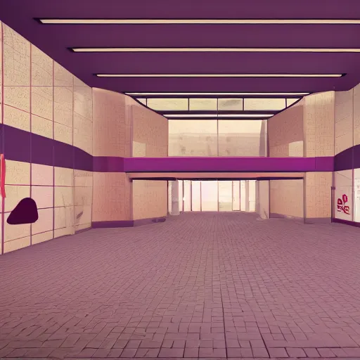 Image similar to interior of an abandoned 1980's mall, vaporwave, 3d render