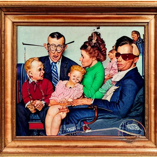 Prompt: a norman rockwell painting of a classic family watching television wearing brightly colored cheap sunglasses