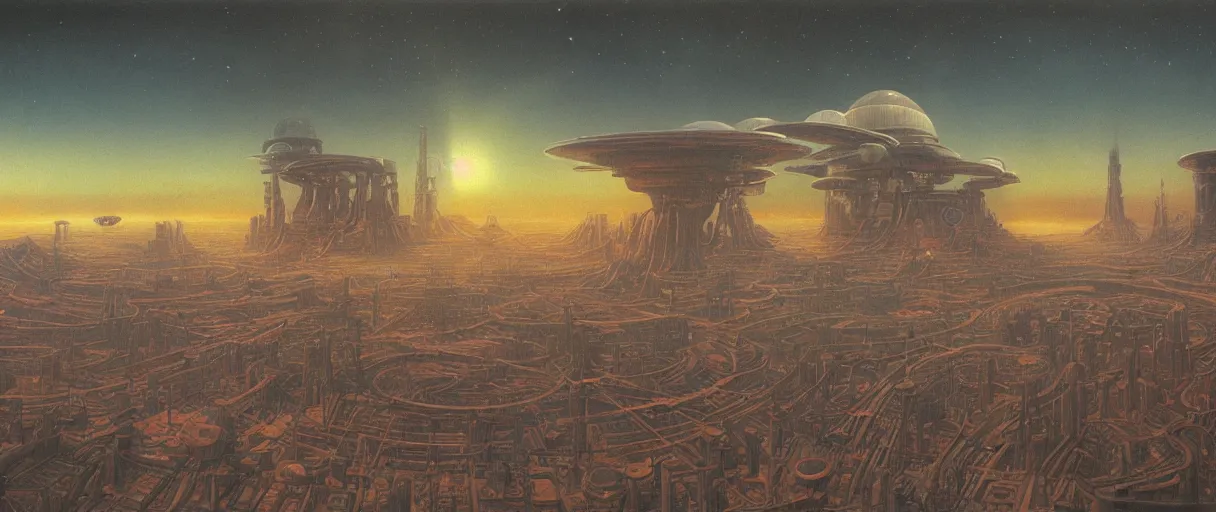 Prompt: a wide shot of a large distant hi-tech sci-fi spaceship from the outside, with a lot of bright color lights, bridges, turrets, pipes, orbiting a gas giant planet, beautiful, volumetric light, photography, color, intricate, extremely detailed, photorealistic, a painting by Beksinski