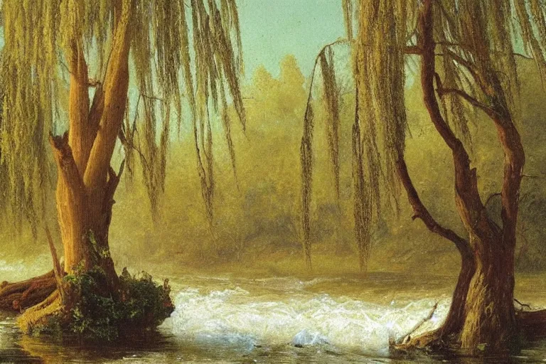 Image similar to oil painting of a detailed willow tree next to a raging river on a sunny day by albert bierstadt