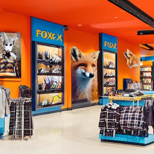 Image similar to a shopping mall picture outside of a fox-themed clothing store vendor, designed after foxes, Fox design patterns on the orange wall, realistic photo