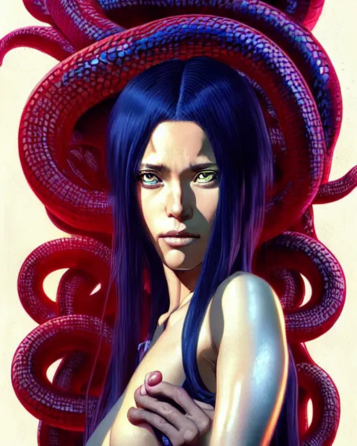 Prompt: medusa girl with snake hair | | dania ramirez, fine detail!! anime!! realistic shaded lighting!! dramatic!! poster by ilya kuvshinov katsuhiro otomo ghost - in - the - shell, magali villeneuve, artgerm, jeremy lipkin and michael garmash and rob rey