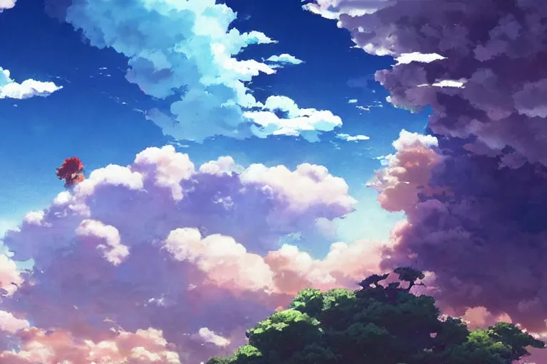 Image similar to painting of a dreamy cloudscape!, a flying dragon!!! in the foreground, exterior wide shot, otherworldly and ethereal by kazuo oga in the anime film by studio ghibli, screenshot from the anime film by makoto shinkai