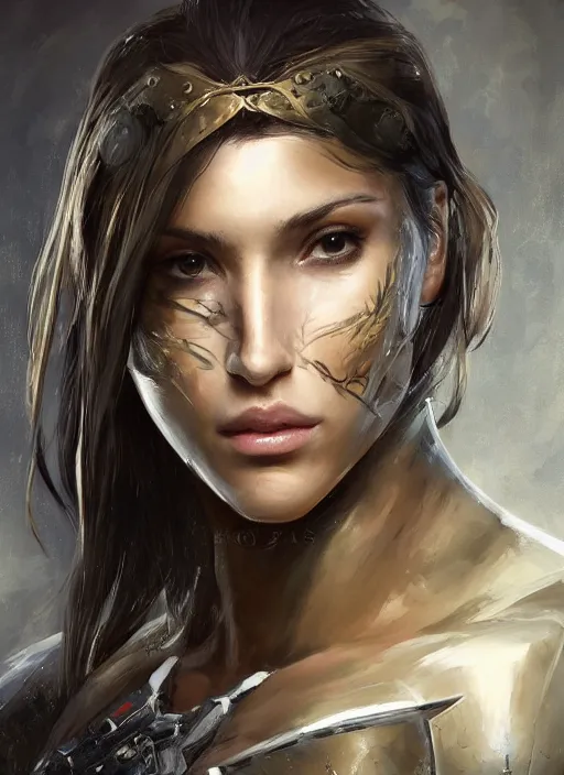 Image similar to a professionally painting of an attractive young female, partially wrapped in battle armor, olive skin, long dark hair, beautiful bone structure, perfectly proportioned, symmetrical facial features, intricate, elegant, heroic pose, digital painting, concept art, smooth, sharp focus, finely detailed, beautifully framed, from Metal Gear, in the mixed styles of Ruan Jia and Mandy Jurgens and Artgerm and William-Adolphe Bouguerea