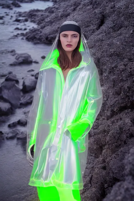 Image similar to an ultra high definition professional high fashion portrait studio full length photograph of a model wearing a transparent pearlescent raincoat and neon visor in an icelandic black rock environment at dawn. no artefacts. extremely detailed. stark. refraction. shallow depth of field. volumetric light and shadow. ray tracing. light rays.