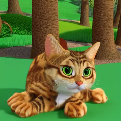 Image similar to pixar movie, brown tabby cat, 3 d, pixar _ tabby _ cat in a forest