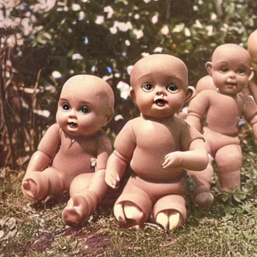 Image similar to autochrome photo of vintage disgusting brown kewpie dolls, plastic baby doll toys in a backyard garden, realistic