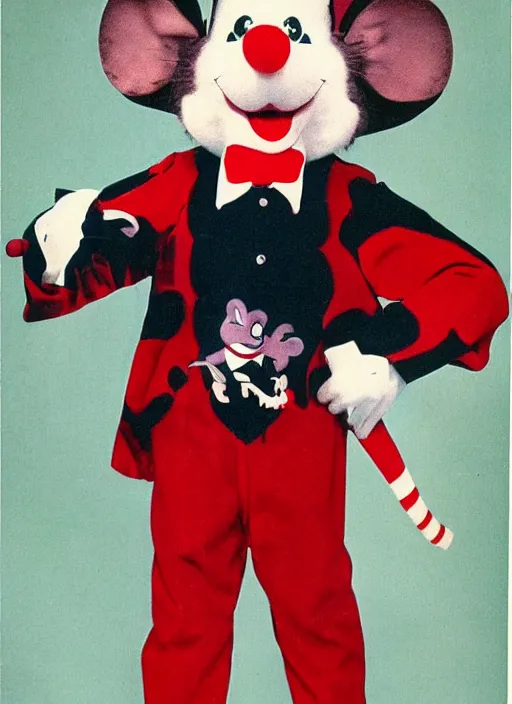 Image similar to Chuck E. Cheese mascot grainy 1940’s circus portrait of an anthropomorphic rat animatronic dressed like a clown, professional portrait HD, mouse, Chuck E. Cheese head, authentic, mouse, costume weird