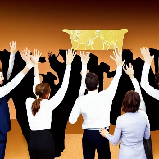 Prompt: photo of business people worshipping a golden calf